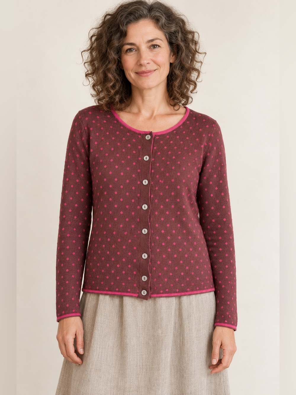 Gudrun Sjoden Silk Wool Polka Dot Cardigan Brown Pink Button Front Sweater M